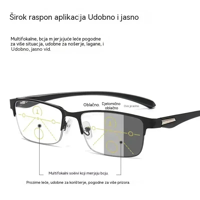 👓Nove poluokvirne naočale za prezbiopiju, prikladne za osobe srednje i starije dobi, s funkcijom povećanja, multifokalne, osjetljive na svjetlost, koje mijenjaju boju i blokiraju plavo svjetlo