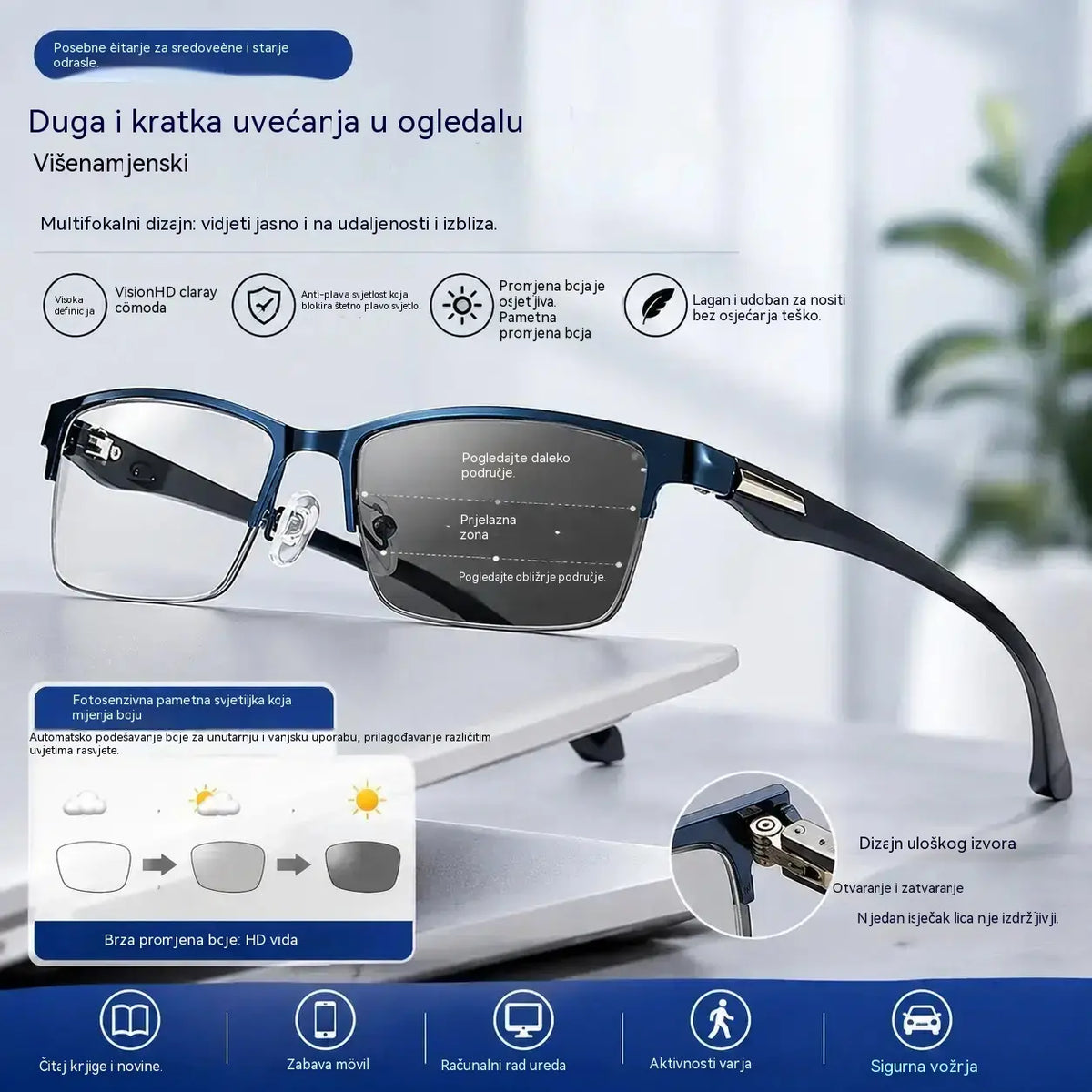 👓Nove poluokvirne naočale za prezbiopiju, prikladne za osobe srednje i starije dobi, s funkcijom povećanja, multifokalne, osjetljive na svjetlost, koje mijenjaju boju i blokiraju plavo svjetlo