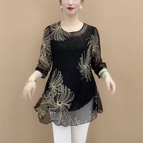 ✨️【S-5XL】Novinka na jeseň, módny top s potlačou zo sieťoviny s okrúhlym výstrihom