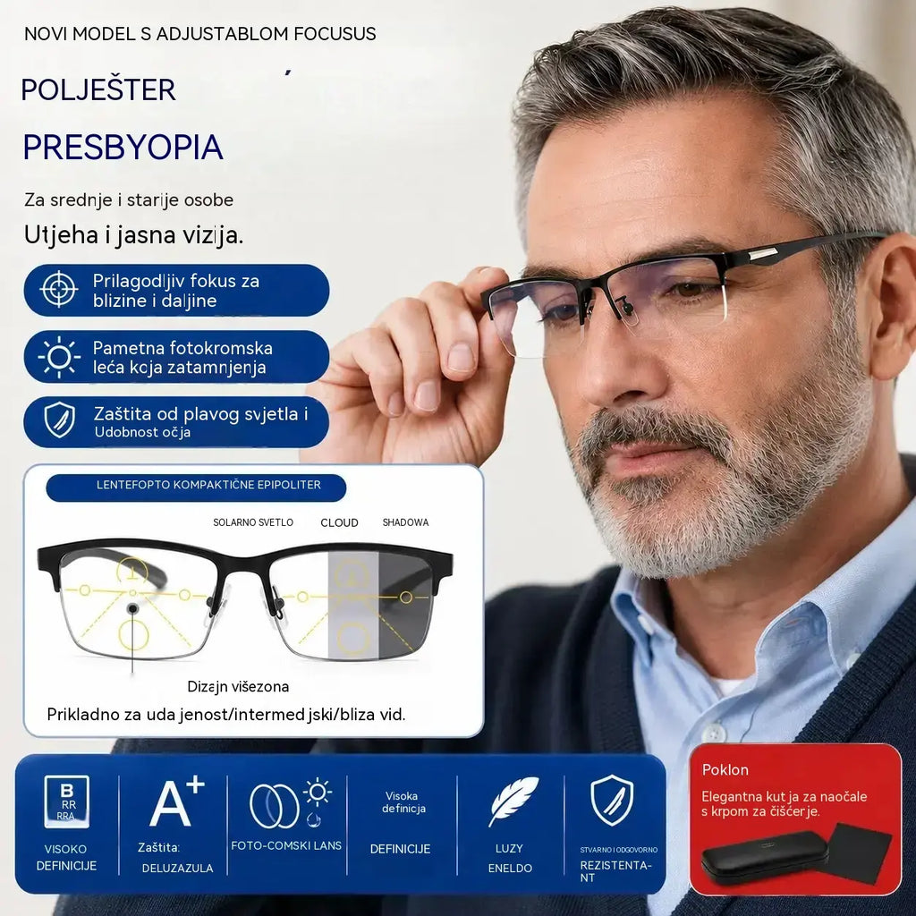 👓Nove poluokvirne naočale za prezbiopiju, prikladne za osobe srednje i starije dobi, s funkcijom povećanja, multifokalne, osjetljive na svjetlost, koje mijenjaju boju i blokiraju plavo svjetlo